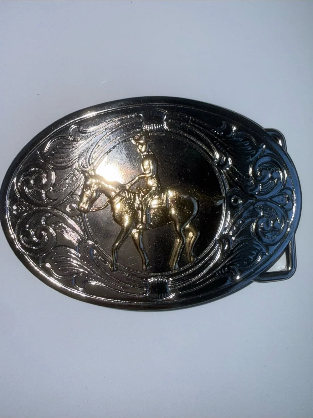 VINTAGE Western Horse & Rider Oval Belt Buckle - Shiny Black